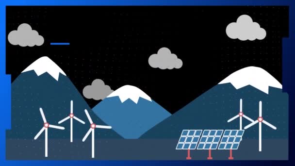 Animation Windmills Solar Panels Mountains Blue White Lines Passing Black — Stock Video