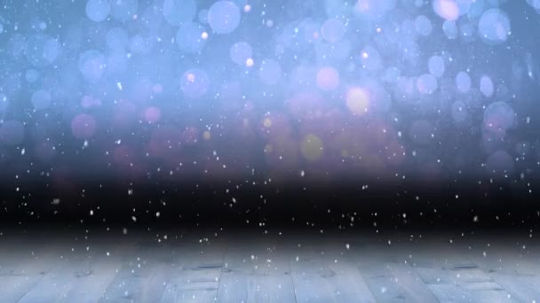 Animación Nieve Cayendo Sobre Manchas Púrpuras Luz Tablas Madera Navidad — Vídeos de Stock