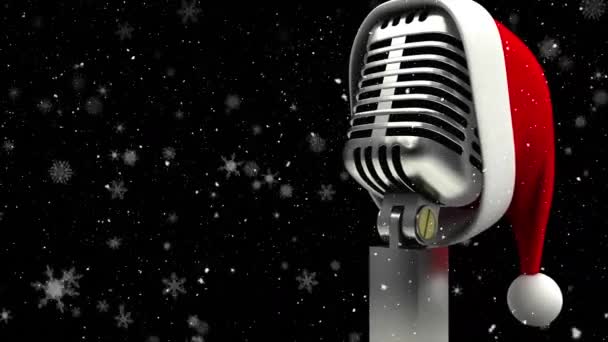 Animatie Van Kerstman Hoed Retro Microfoon Sneeuw Vallen Sterren Kerstmis — Stockvideo