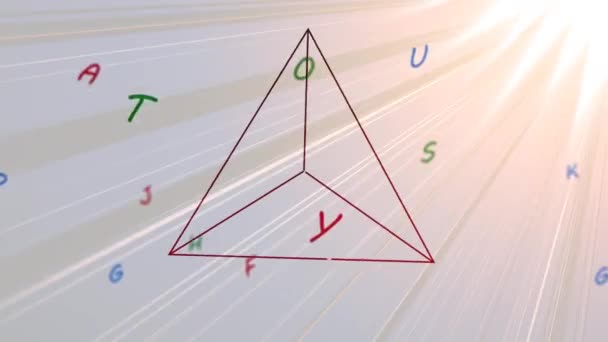 Анимация Треугольника Цветных Букв Движущихся Над Мерцающими Лучами Яркого Света — стоковое видео