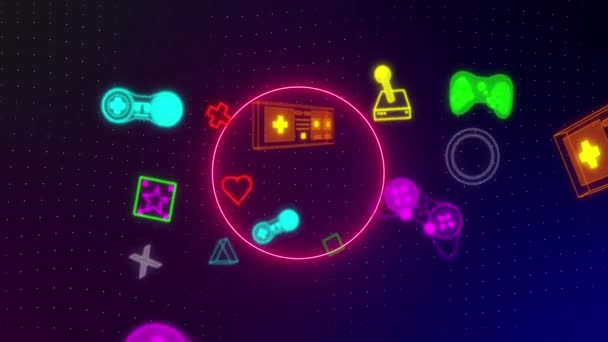 Animazione Neon Videogiochi Interfaccia Digitale Tremolante Sopra Forme Neon Videogiochi — Video Stock