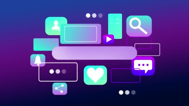 紫と青の背景に通知とソーシャルメディアのアイコンのアニメーション コミュニケーション ソーシャルネットワーク デジタルインターフェースの概念はデジタルで生成されたビデオ — ストック動画