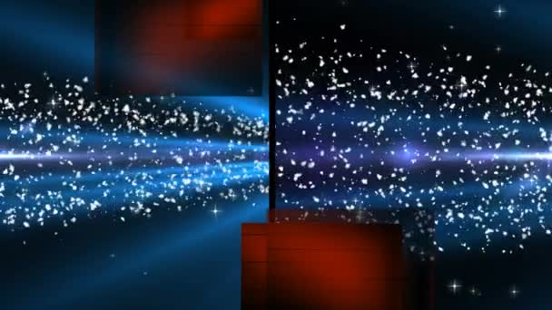 Animation Split Screen Showing Blue Spotlight Light Beams Glowing Particles — Stock Video