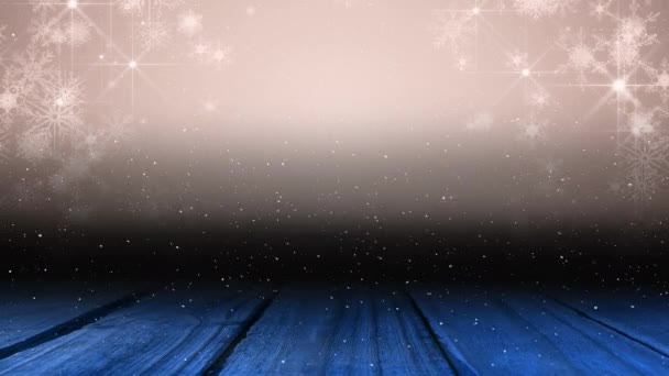 Анимация Снега Падающего Пятна Света Копировальным Пространством Деревянными Досками Рождество — стоковое видео