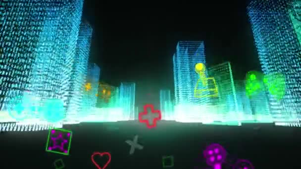 Animação Jogo Vídeo Neon Interface Digital Piscando Sobre Modelo Cidade — Vídeo de Stock
