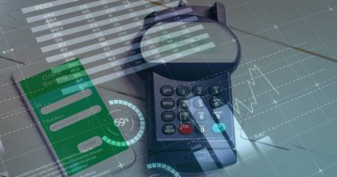 Ödeme terminali ve akıllı telefon üzerinden finansal veri işleme resmi. küresel finans, iş ve temassız ödeme konsepti dijital olarak oluşturulmuş imaj.