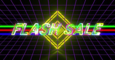 Parlak sarı neon elmas ve ızgaranın üzerinde sarı harflerle satılan satıştan alınmış bir resim. Retro alışveriş, perakende ve tasarruf konsepti dijital olarak oluşturuldu.