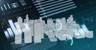 Arka plan sağdan sola hareket eden farklı grafikleri gösterirken, mavi ekranda dönen bir şehirdeki sanal binaların dijital görüntüsü