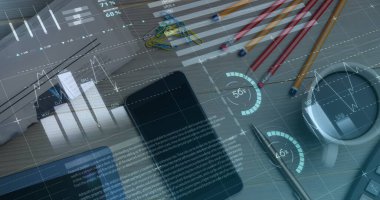 Tablet ve akıllı telefonlu finansal veri işleme resmi. küresel finans ve iş konsepti dijital olarak oluşturulmuş imaj.