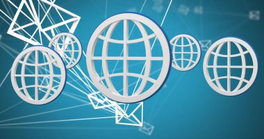 Mavi arkaplan üzerinde ileti simgeleri ağına karşı yüzen birden fazla web simgesi. küresel ağ oluşturma ve bağlantı kavramı