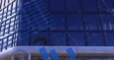 Dünya haritasıyla finansal veri işleme görüntüsü ve modern bina üzerine istatistik kaydı. küresel işletme ve finansman kavramı dijital olarak oluşturulmuş görüntü.