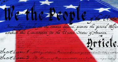 Birleşik Devletler 'in ekranda hareket eden anayasasının dijital görüntüsü. Arka planda ABD bayrağı ve askeri etiket 4K görünüyor.