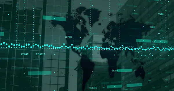 Bild Finansiell Databehandling Över Världskartan Och Moderna Kontorsbyggnader Globalt Affärs — Stockfoto
