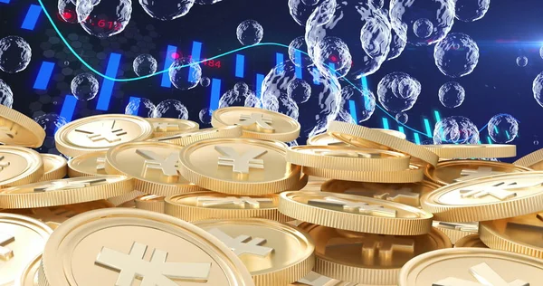 Více Bublin Plovoucí Proti Zlatým Mincím Proti Zpracování Finančních Údajů — Stock fotografie