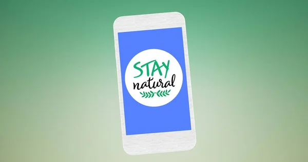 Skład Naturalny Tekst Logo Liści Niebieskim Ekranie Smartfona Zielonym Tle — Zdjęcie stockowe
