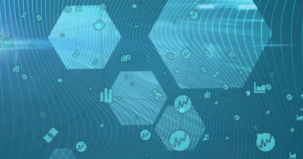 Bild Nätverk Anslutningar Med Ikoner Över Blå Hexagoner Digitalt Gränssnitt — Stockfoto