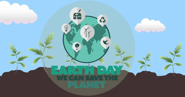 Samenstelling Van Aarde Dag Tekst Groene Globe Logo Groeiende Planten — Stockfoto