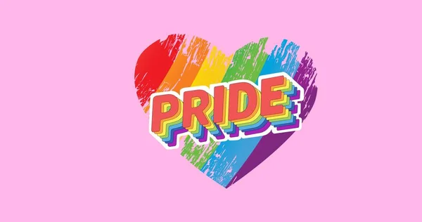 ピンクの背景に虹色のハートの上にプライドテキスト Lgbtq誇りと平等のお祝いの概念デジタル生成されたビデオ — ストック写真