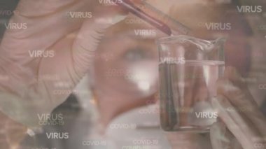 Yüz maskesi takan bilim adamından esinlenilmiş 19 metnin animasyonu. küresel covid 19 salgın hastalık ve sağlık hizmetleri konsepti dijital olarak oluşturulmuş video.