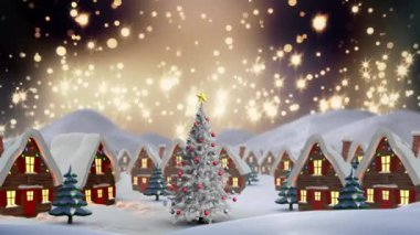 Peri ışıklarıyla evlerin üzerine düşen yıldızların canlandırması. Noel, gelenek ve kutlama konsepti dijital olarak oluşturuldu.