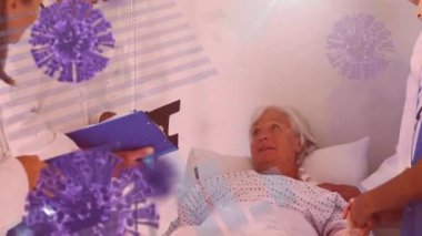 Hastanedeki hasta ve doktorlara göre kovid 19 hücre ve verinin animasyonu. küresel covid 19 salgın, ilaç ve sağlık hizmetleri konsepti dijital olarak oluşturulmuş video.