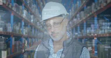 Depoda çalışan adamın istatistik ve mali veri işleme animasyonu. küresel gönderim ve bağlantılar konsepti dijital olarak oluşturulmuş video.