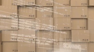 Karton kutuların üzerinden geçen istatistiklerin animasyonu. küresel gönderim ve bağlantılar konsepti dijital olarak oluşturulmuş video.