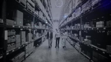 Depo çalışanları üzerindeki bağlantı ağının animasyonu. küresel gönderim ve bağlantılar konsepti dijital olarak oluşturulmuş video.