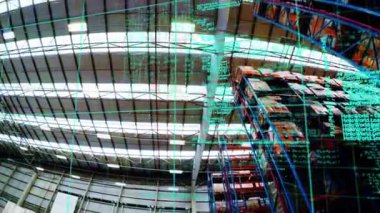 Boş bir depoda veri işleme animasyonu. küresel sevkiyat, dağıtım ve bağlantılar konsepti dijital olarak oluşturulmuş video.