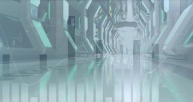 Ofiste yürüyen iş adamları üzerinde finansal veri işleme animasyonu. küresel finans, iş ve dijital arayüz kavramı dijital olarak oluşturulmuş video.