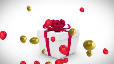 Kırmızı ve altın renkli balonların hediye kutusunun açılması renkli konfetiler yayıyor. doğum günü, kutlama, parti, gelenek ve olay konsepti dijital olarak oluşturulmuş video.