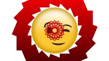 Kırmızı kaleydoskopik hareketler üzerine mutlu emoji simgesi animasyonu. küresel sosyal medya ve iletişim konsepti dijital olarak oluşturulmuş video.