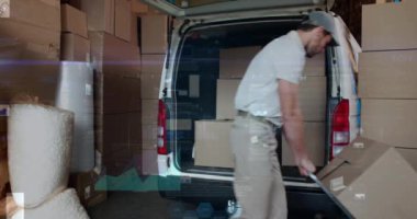 Kutuları arabaya koyan adamın veri işleme animasyonu. küresel sevkiyat, dağıtım ve bağlantılar konsepti dijital olarak oluşturulmuş video.