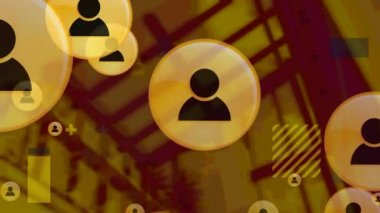 Şehir manzarası üzerinde simgelerin canlandırılması. ticari, ağ, bağlantılar, teknoloji ve dijital arayüz kavramı dijital olarak oluşturulmuş video.