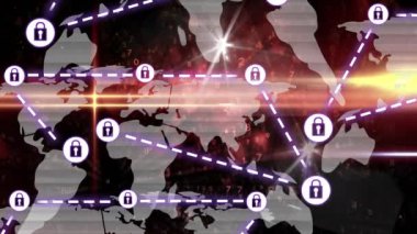 Dünya haritası üzerindeki simgelerle bağlantı ağının animasyonu. küresel çevrimiçi bağlantılar, dijital arayüz ve dijital olarak oluşturulan iletişim konsepti.