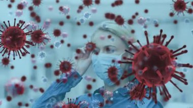 Yüz maskesi takan bir kadın için koronavirüs hücrelerinin canlandırılması. küresel covid 19 salgın konsepti dijital olarak oluşturulmuş video.