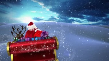 Noel Baba 'nın kızakta Noel hediyeleri ve kış manzarasına yağan karla canlandırılması. Noel, gelenek ve kutlama konsepti dijital olarak oluşturuldu.