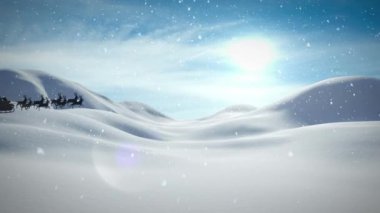 Noel Baba 'nın kızaktaki animasyonu ve karlı kış manzarasının üzerinden geçen ren geyiği. Noel, gelenek ve kutlama konsepti dijital olarak oluşturuldu.