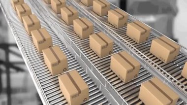 Karton kutuların depodaki taşıma bantlarında hareket etmesi. küresel gönderim ve bağlantılar konsepti dijital olarak oluşturulmuş video.