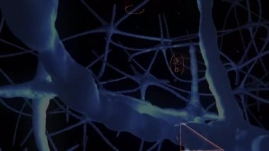 Matematiksel denklemlerin dijital nöronların siyah arkaplan üzerindeki animasyonu. küresel eğitim, bilim, dijital arayüz ve dijital olarak üretilen video konsepti.