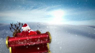 Noel Baba 'nın kızakta Noel hediyeleri ve kış manzarasına yağan karla canlandırılması. Noel, gelenek ve kutlama konsepti dijital olarak oluşturuldu.