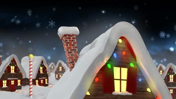 Animación Nieve Cayendo Sobre Casas Con Luces Hadas Navidad Tradición — Vídeos de Stock
