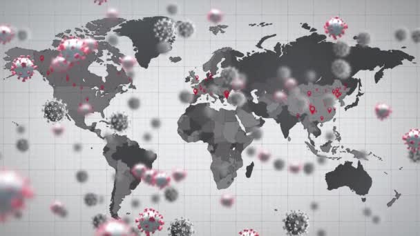 在世界地图上显示的19个细胞的动画 全球联盟19大流行病 医药和保健服务概念数字制作视频 — 图库视频影像