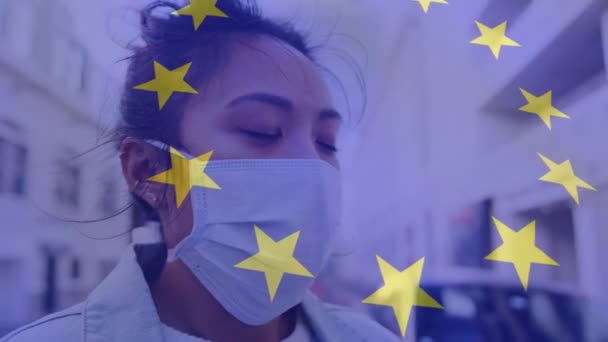 Animation Flag Waving Woman Face Mask Global Covid Pandemic Healthcare — Stock Video