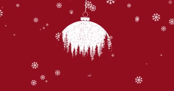 Animación Nieve Cayendo Sobre Adorno Rojo Navidad Abeto Navidad Tradición — Vídeo de stock