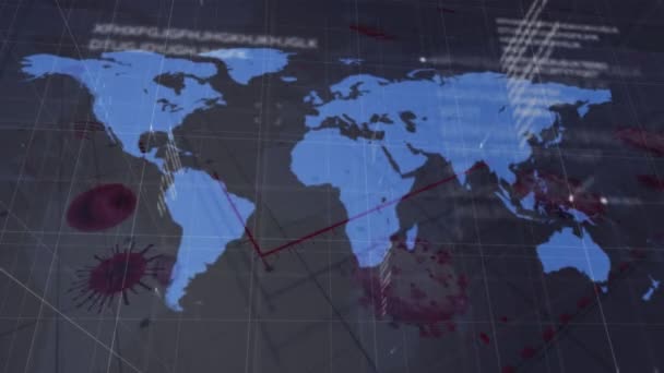 19個の細胞と世界地図を統計記録でアニメーション化 グローバルCovid 19パンデミックとデータ処理コンセプトデジタルで生成されたビデオ — ストック動画