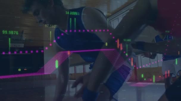 Анимация Обработки Данных Над Баскетболистами Глобальный Спорт Цифровой Интерфейс Концепция — стоковое видео