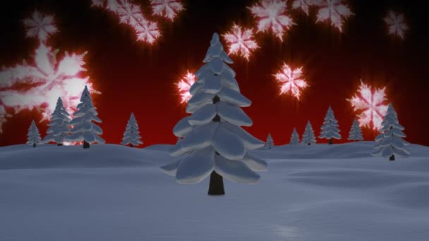 Animación Nieve Cayendo Sobre Árboles Sobre Fondo Rojo Navidad Tradición — Vídeos de Stock