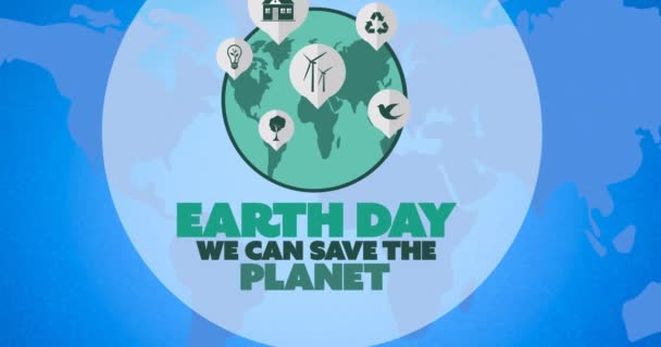 Animation Texte Jour Terre Logo Globe Vert Sur Carte Bleue — Video