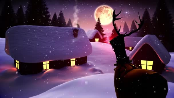 Animación Santa Claus Trineo Con Renos Sobre Paisajes Invernales Luna — Vídeos de Stock